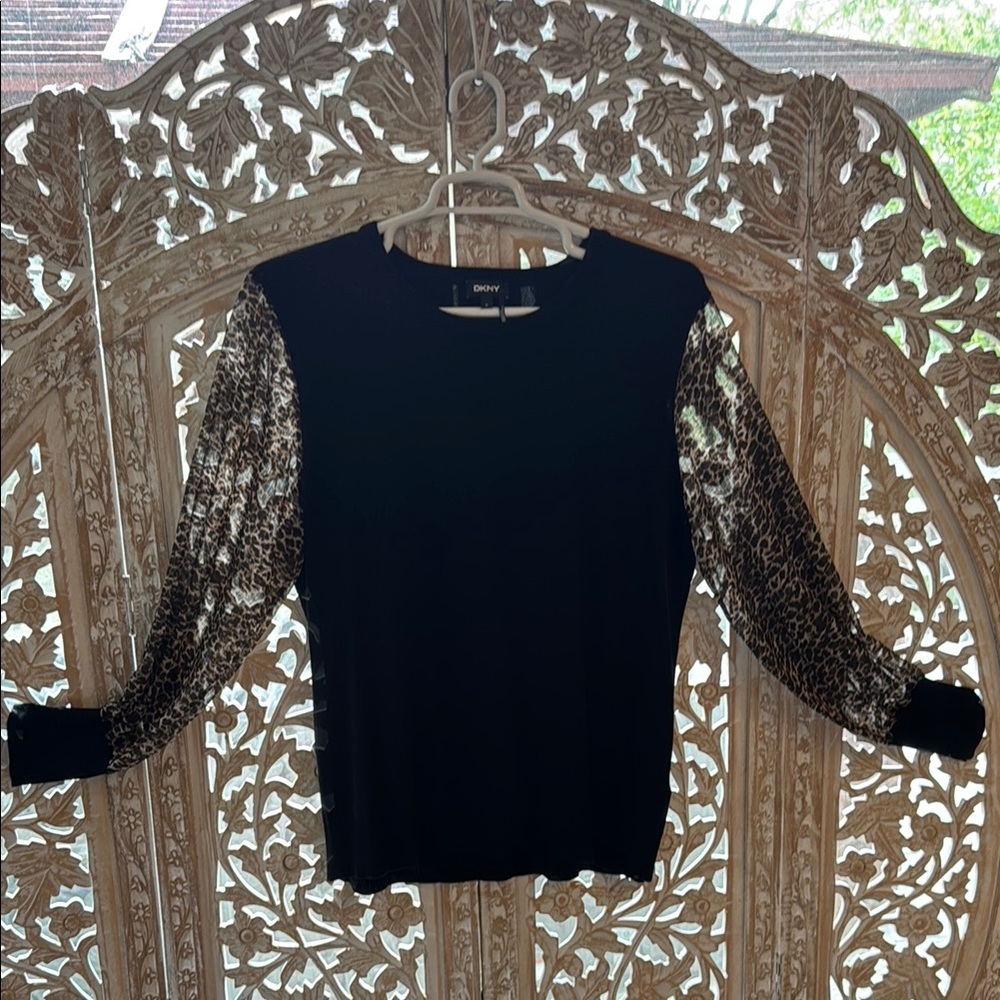 DKNY Black Top with Leopard Print Sleeves